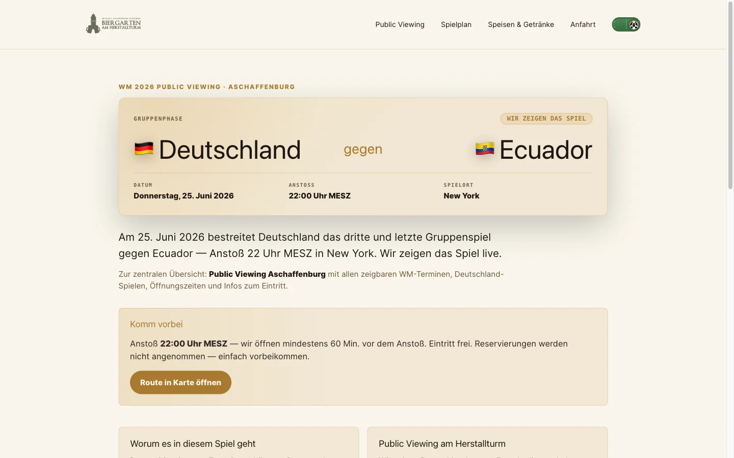 Match-Seite am Desktop: Deutschland gegen Ecuador mit Datum, Anstoß, Spielort, Hinweis „Wir zeigen das Spiel“ und Anfahrtsinfos