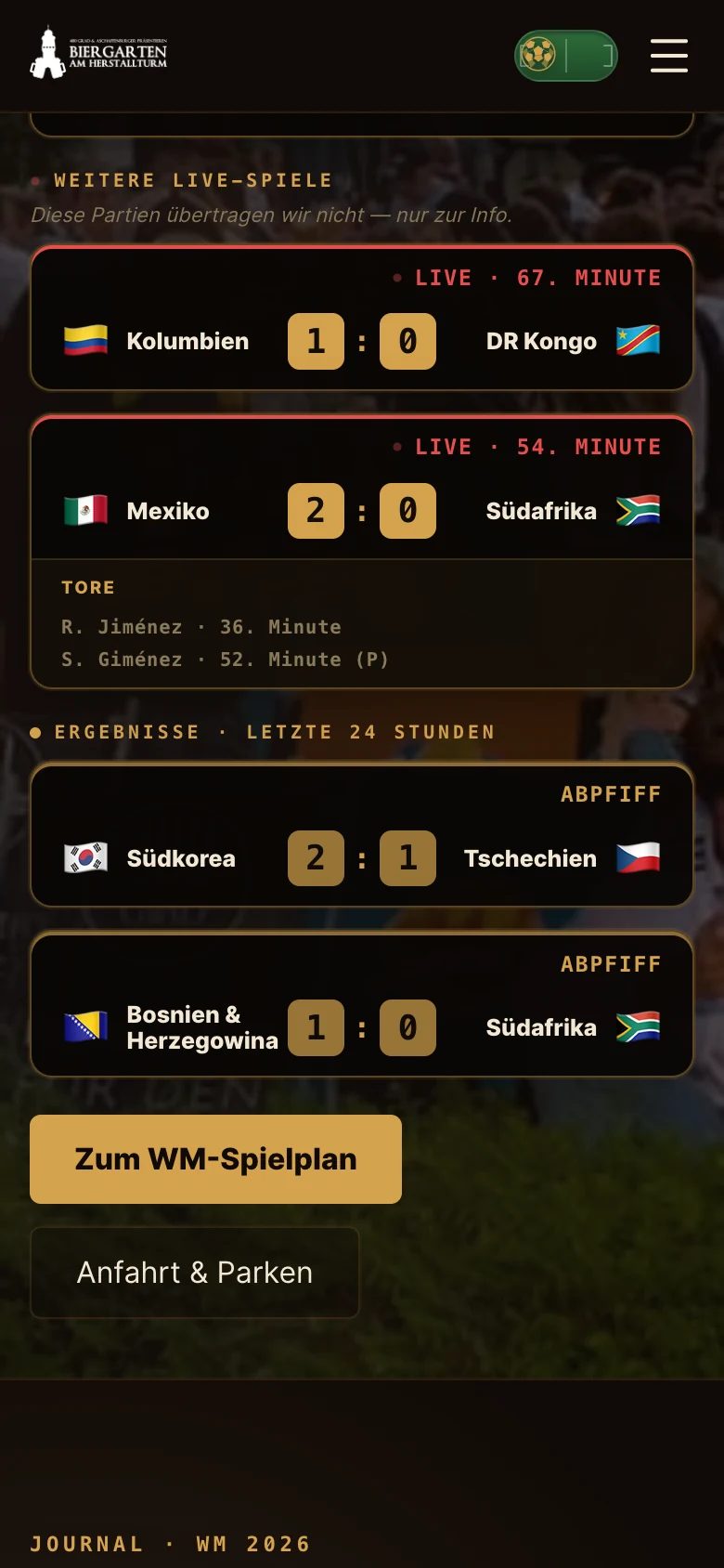 Live-Ansicht am Smartphone im Demo-Modus: Kolumbien gegen DR Kongo 1:0 in der 67. Minute, Mexiko gegen Südafrika 2:0 in der 54. Minute mit Torschützen, darunter die Ergebnisse der letzten 24 Stunden