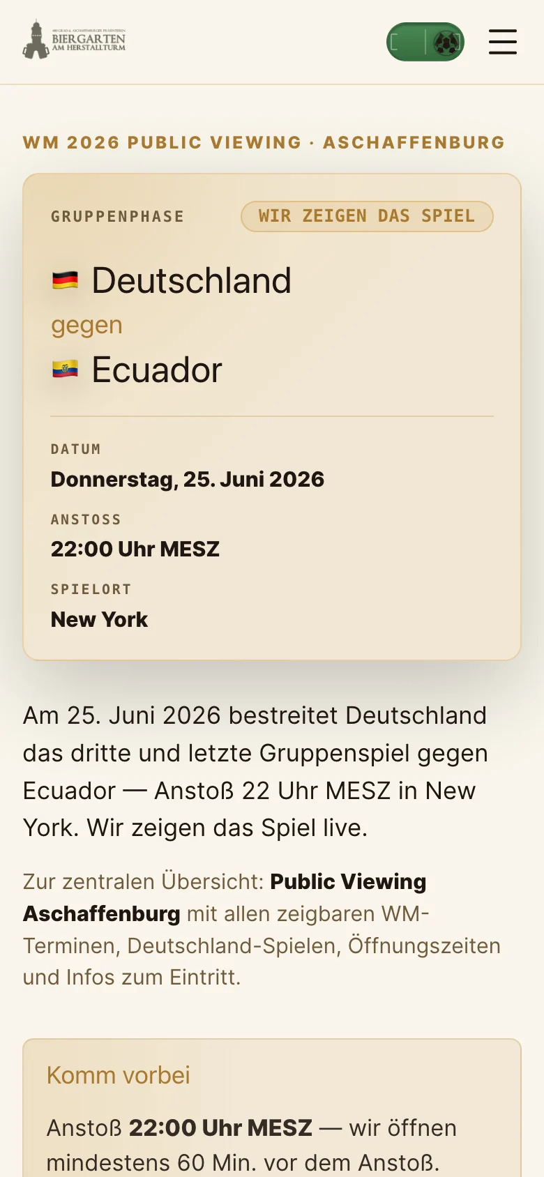 Match-Seite am Smartphone: Deutschland gegen Ecuador mit Datum, Anstoßzeit, Spielort und dem Hinweis „Wir zeigen das Spiel“