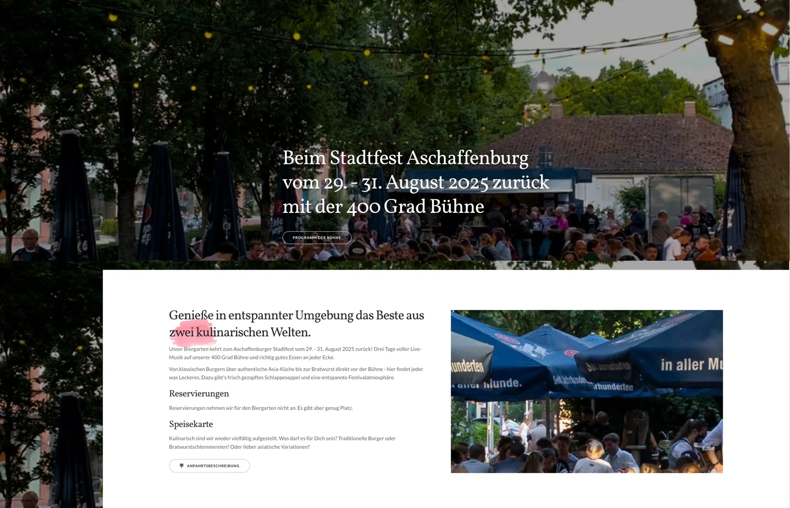 Die alte Website des Biergartens aus dem Jahr 2025: ein einzelner Seitenabschnitt „Beim Stadtfest Aschaffenburg vom 29.–31. August 2025 zurück mit der 400 Grad Bühne“ mit Programm und Food & Drinks