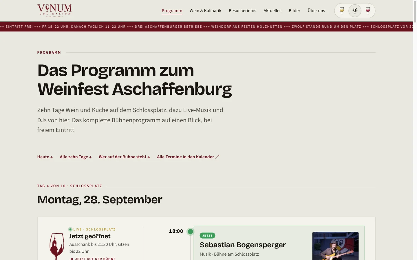 Programmseite am Desktop: Titel, Sprungmarken „Heute“, „Alle zehn Tage“, „Wer auf der Bühne steht“ und „Alle Termine in den Kalender“, darunter Tag 4 von 10 mit Live-Status