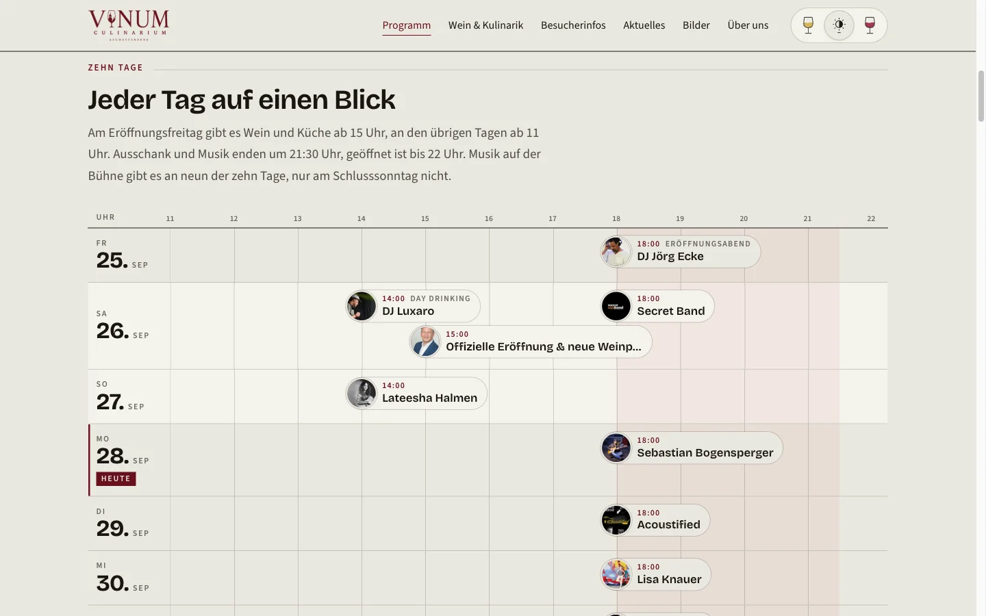Programmseite am Desktop: „Jeder Tag auf einen Blick“ mit allen zehn Festtagen und den Auftritten