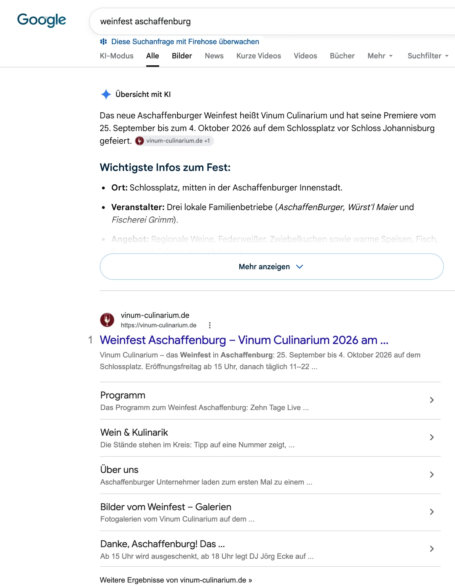 Google-Suche „weinfest aschaffenburg“: vinum-culinarium.de auf Platz 1 mit Sitelinks, darüber eine KI-Übersicht, die die Website als Quelle nennt