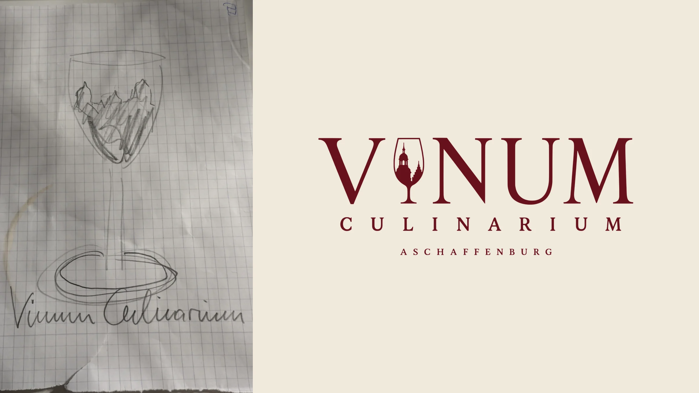 Links die frühe Ideenskizze auf Rechenpapier: ein Weinglas mit der Silhouette des Schlosses Johannisburg. Rechts das fertige Logo mit dem Glas-Symbol als „I“ in VINUM, darunter CULINARIUM und ASCHAFFENBURG, in Weinrot auf Creme
