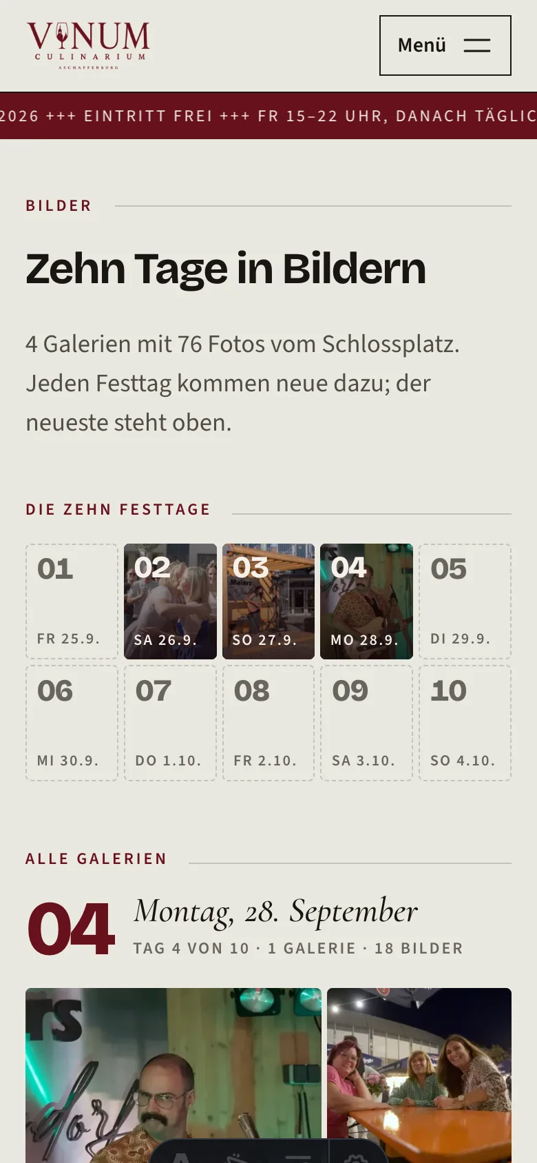 Übersicht „Zehn Tage in Bildern“ am Smartphone mit der Leiste der zehn Festtage und den belegten Tagen