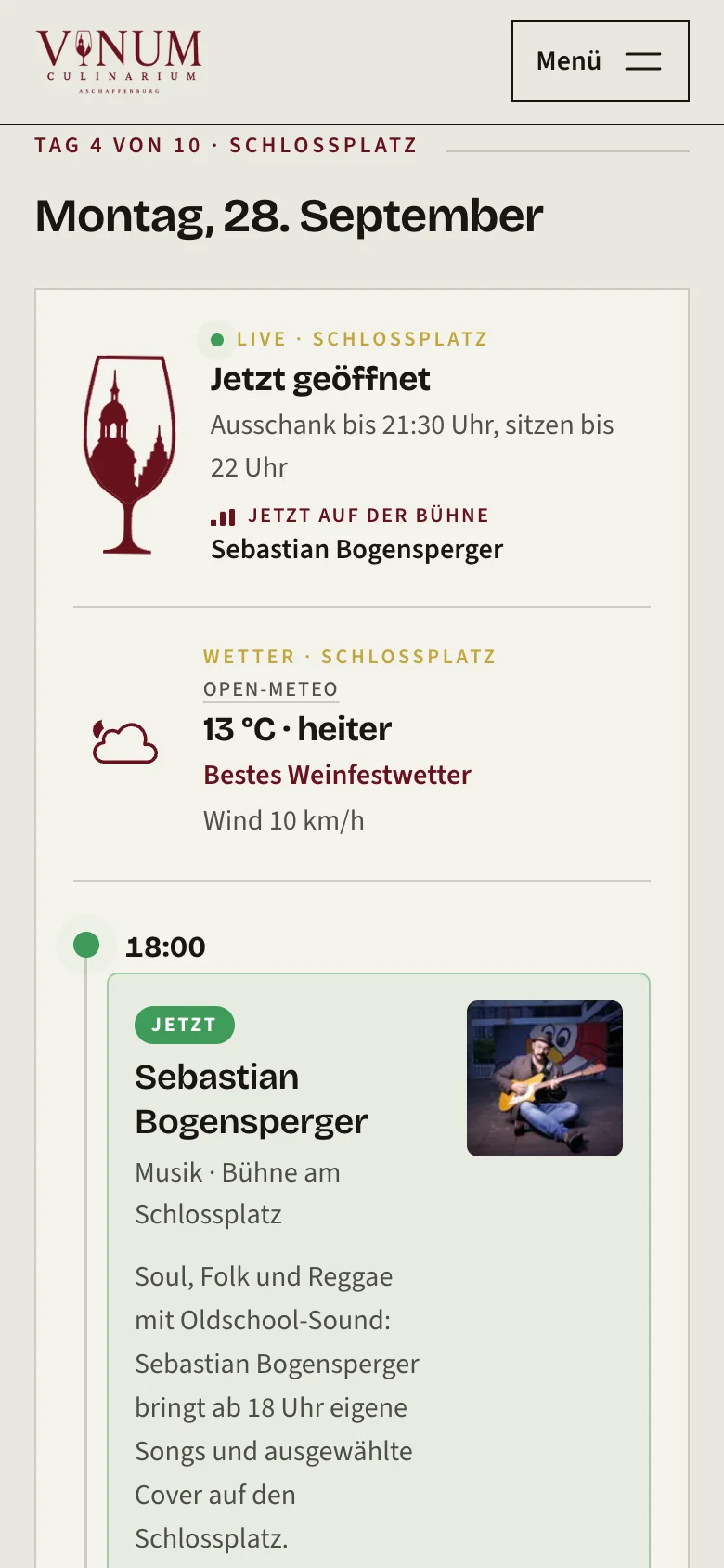 Programmseite am Smartphone: Montag, 28. September, Tag 4 von 10, mit Live-Status, Wetter und dem laufenden Auftritt von Sebastian Bogensperger