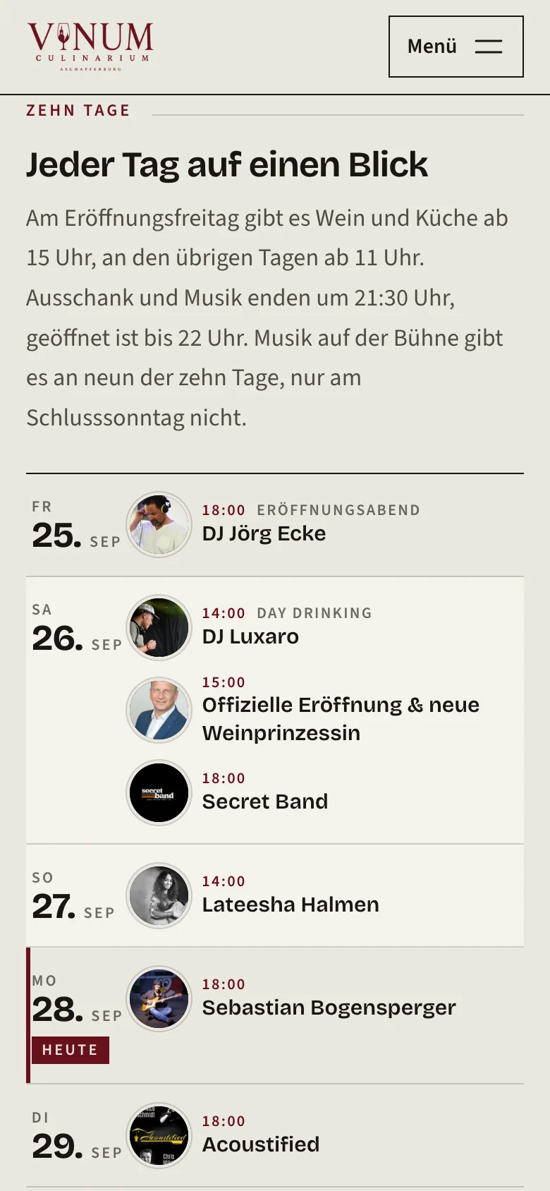 Programmseite am Smartphone: „Jeder Tag auf einen Blick“ mit allen Auftritten der zehn Festtage und der Markierung „Heute“
