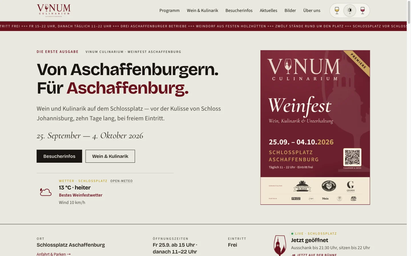 Startseite von vinum-culinarium.de am Desktop: Laufband, Titel „Von Aschaffenburgern. Für Aschaffenburg.“, Festplakat, Live-Wetter und Live-Status „Jetzt geöffnet“