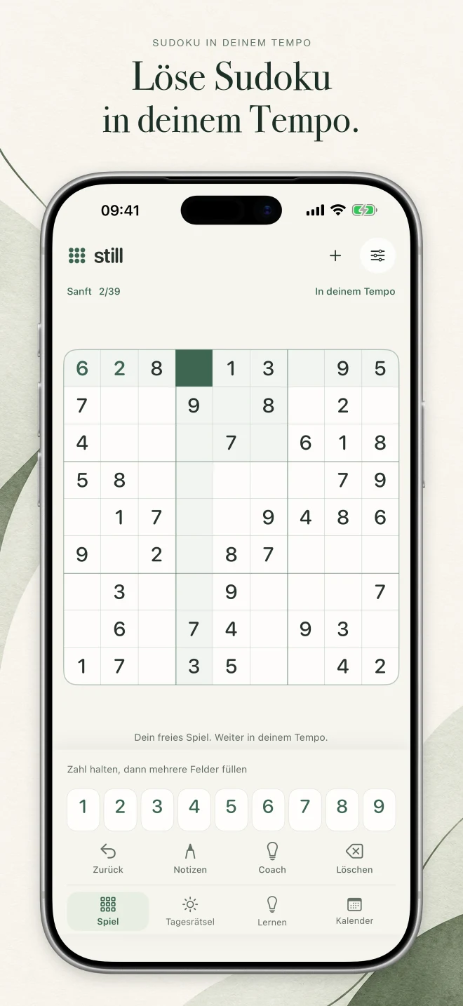 Store-Bild „Löse Sudoku in deinem Tempo.“ mit dem Spielfeld von Still Sudoku in der Stufe Sanft
