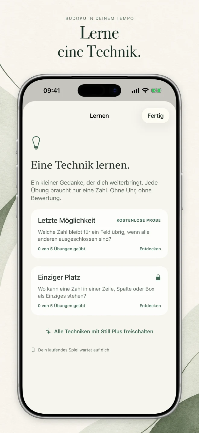 Store-Bild „Lerne eine Technik.“ mit der Lernübersicht und den Übungen „Letzte Möglichkeit“ und „Einziger Platz“