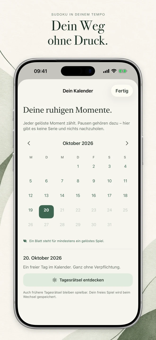 Store-Bild „Dein Weg ohne Druck.“ mit der Kalenderansicht „Deine ruhigen Momente“