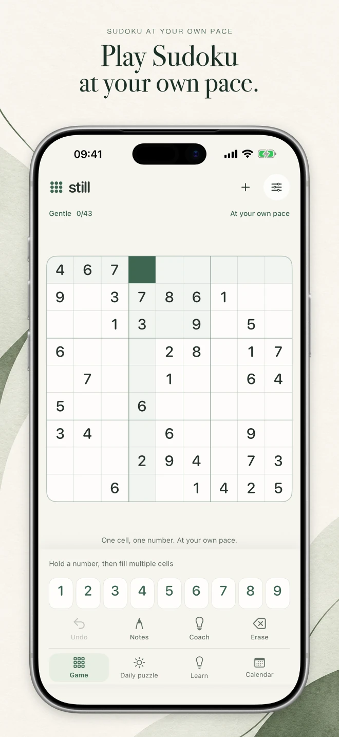 App Store image “Play Sudoku at your own pace.” showing the Still Sudoku board on the Gentle level