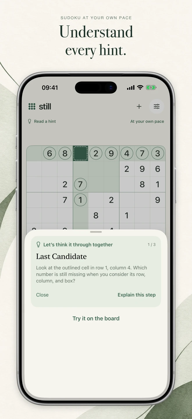App Store image “Understand every hint.” showing the coach hint “Last Candidate” above the Sudoku board