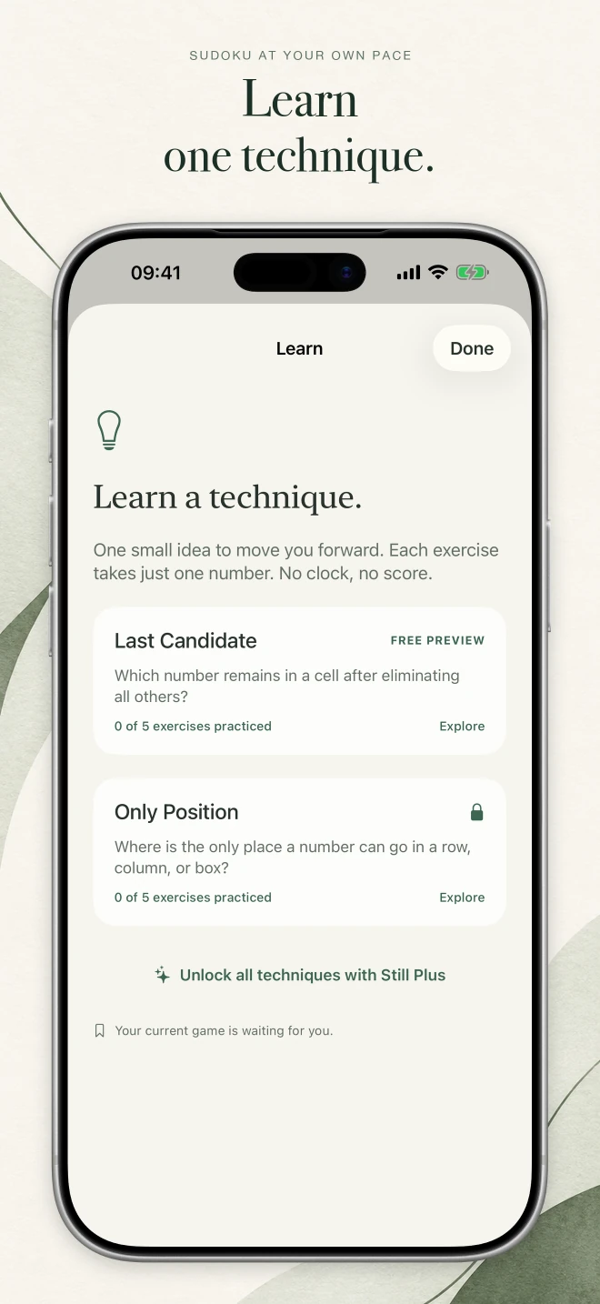 App Store image “Learn one technique.” showing the learning overview with the exercises “Last Candidate” and “Only Position”