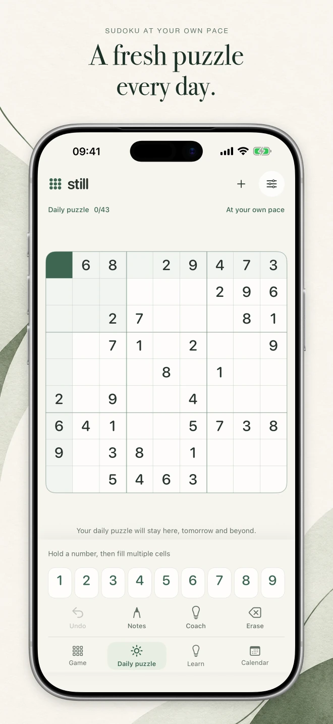 App Store image “A fresh puzzle every day.” showing the daily puzzle in Still Sudoku