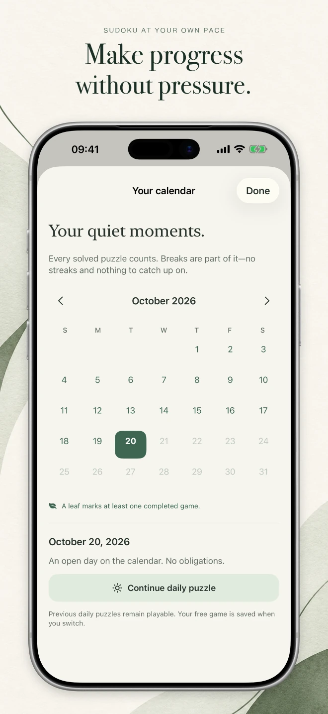 App Store image “Make progress without pressure.” showing the calendar view “Your quiet moments”